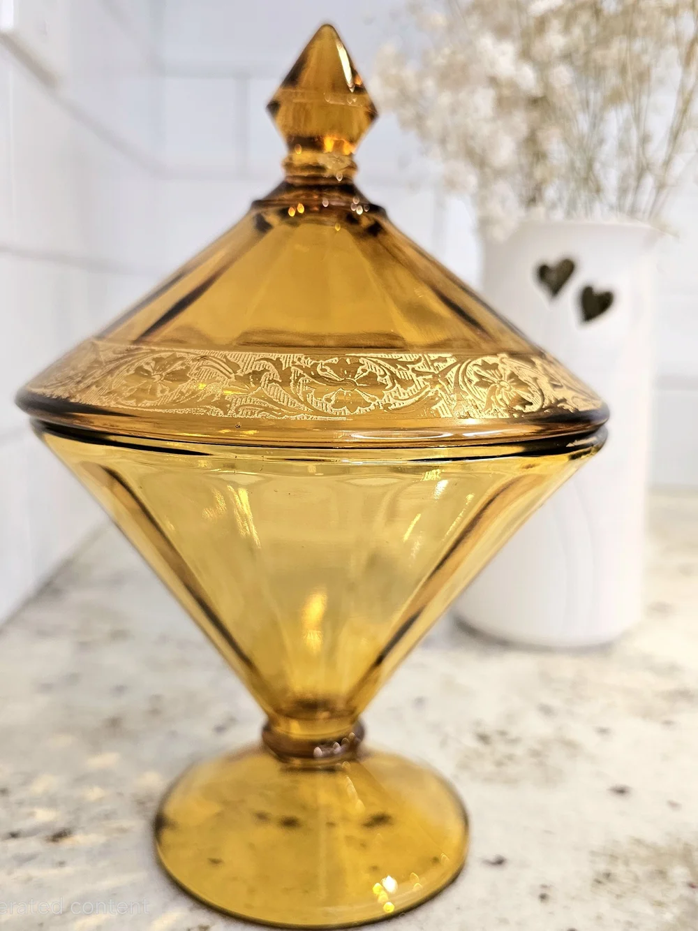 Westmoreland Amber Glass Compote Covered Candy Dish Home Accent Art Deco Vanity